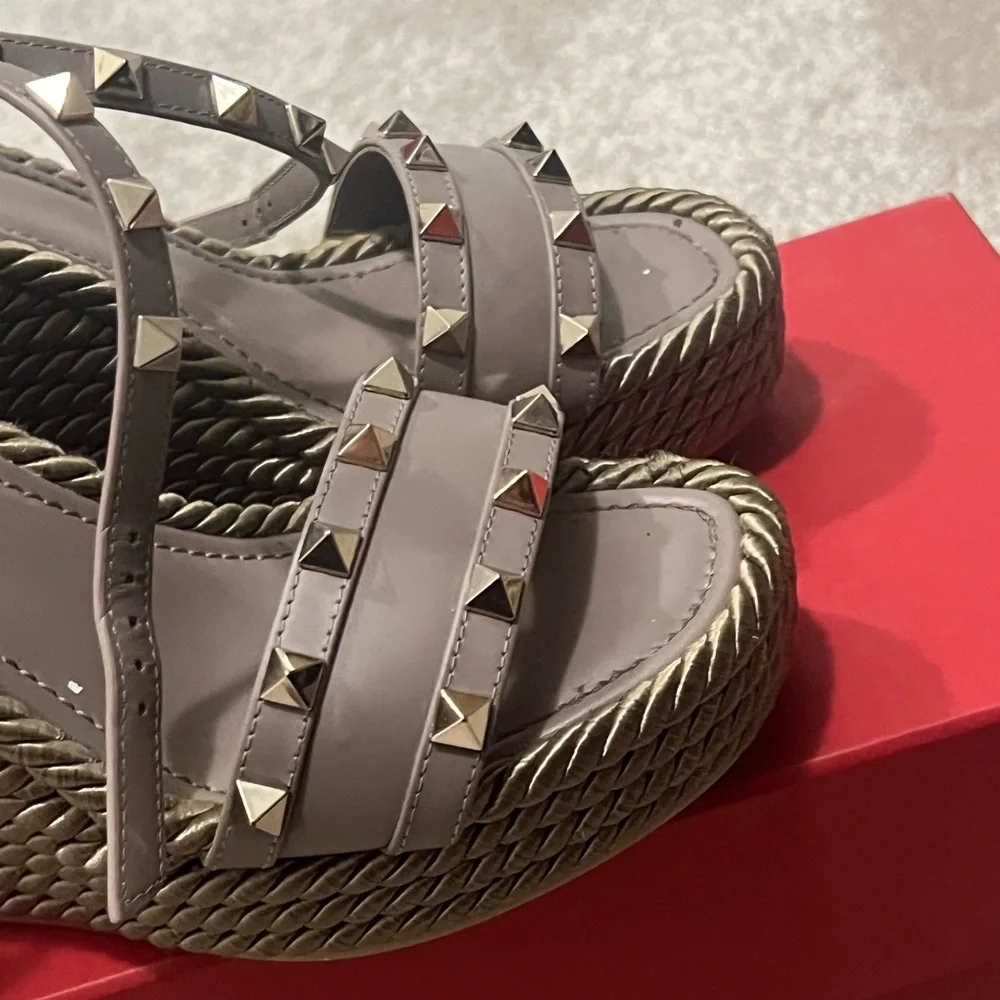 Valentino Garavani Taupe Studded Espadrille Wedge Sandals